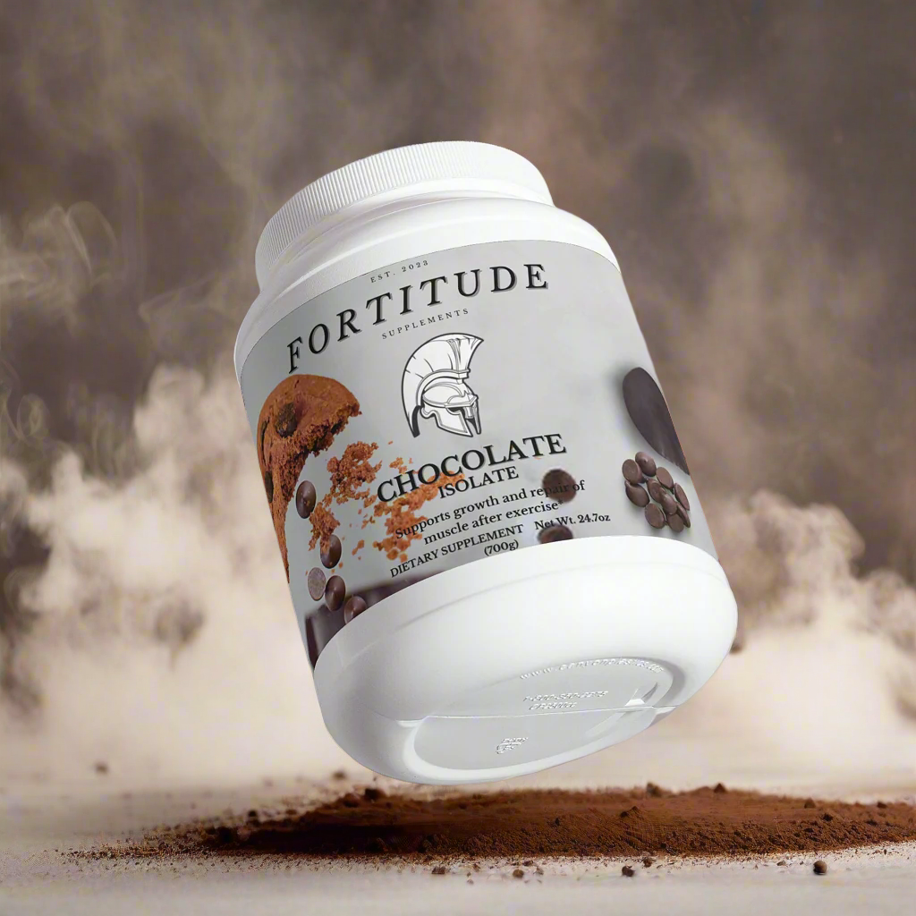 Fortitude Chocolate Isolate supplement container surrounded by chocolate chips on a light background